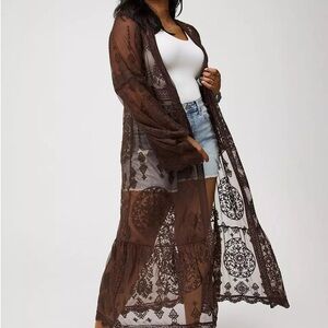 Sheer Brown Embroidered Maxi Kimono